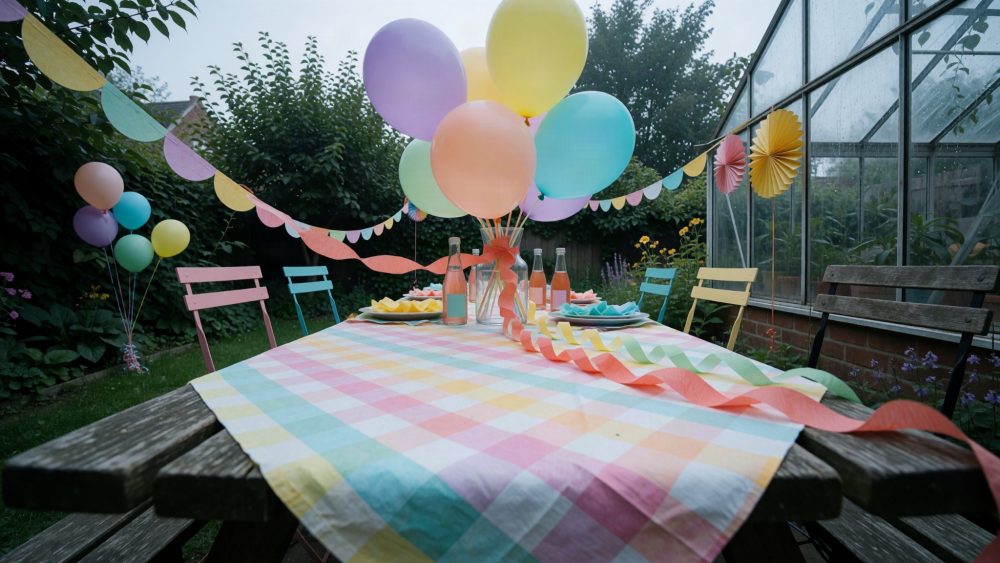 Mesa de festa exterior com balões coloridos e toalha xadrez em jardim
