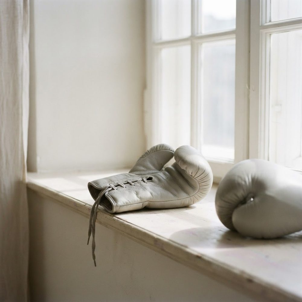 Duas luvas de boxe cinzentas vintage sobre peitoris de uma janela com luz natural