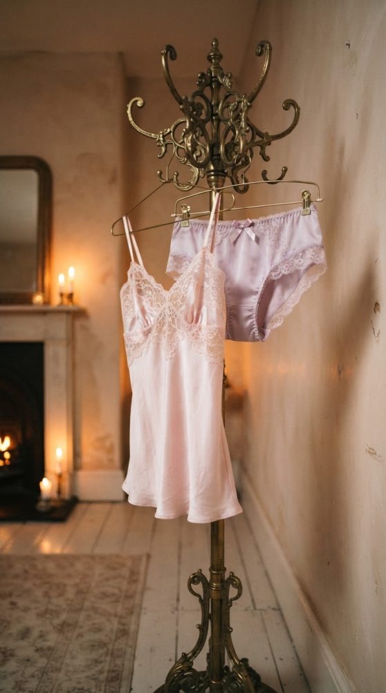 Conjunto de lingerie rosa claro em cetim e renda pendurado em cabide num suporte vintage