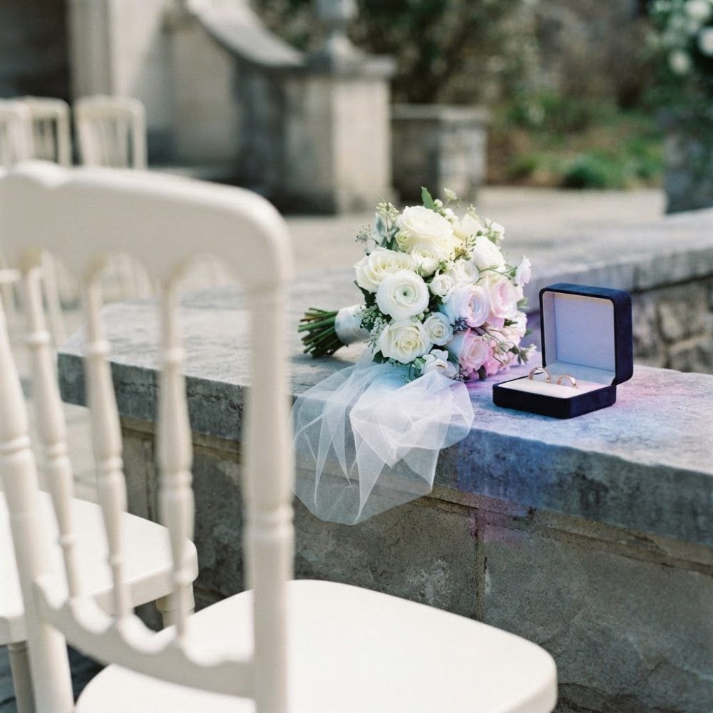Bouquet branco e rosa com alianças douradas numa caixa azul sobre murete de pedra e cadeiras brancas desfocadas