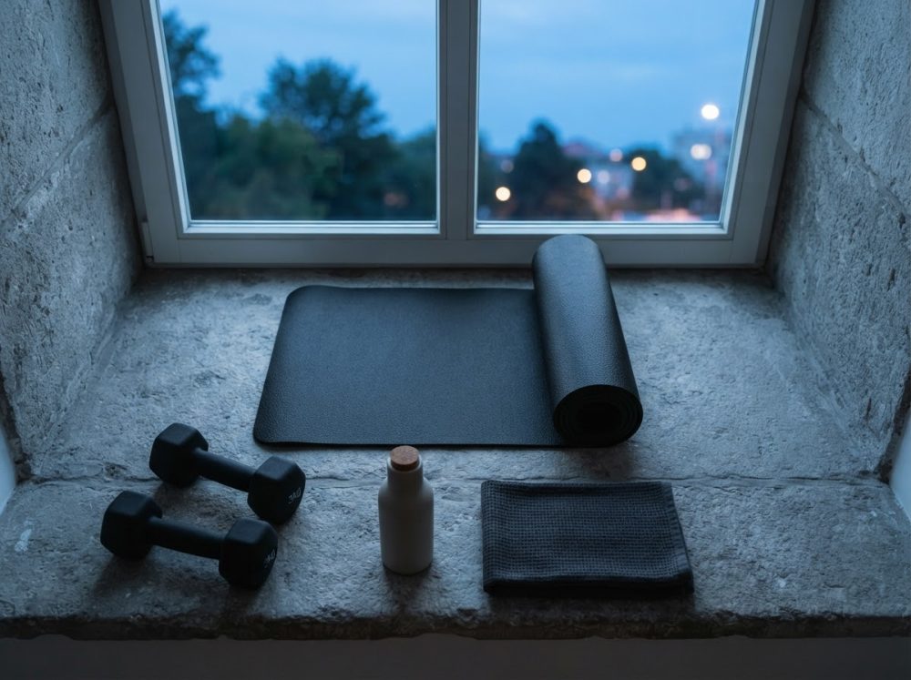 Tapete de yoga preto, halteres, toalha e garrafa junto a janela com vista exterior ao entardecer