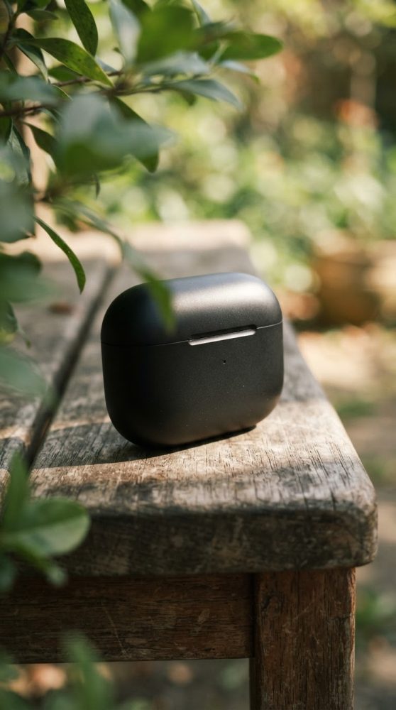 Estojo preto para earbuds sobre banco de madeira rústico com plantas verdes desfocadas