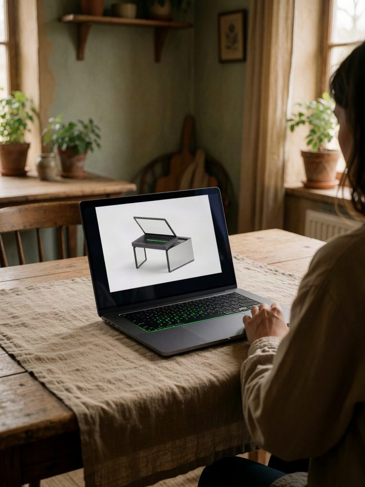 Pessoa a usar portátil num ambiente caseiro com imagem de suporte para laptop no ecrã