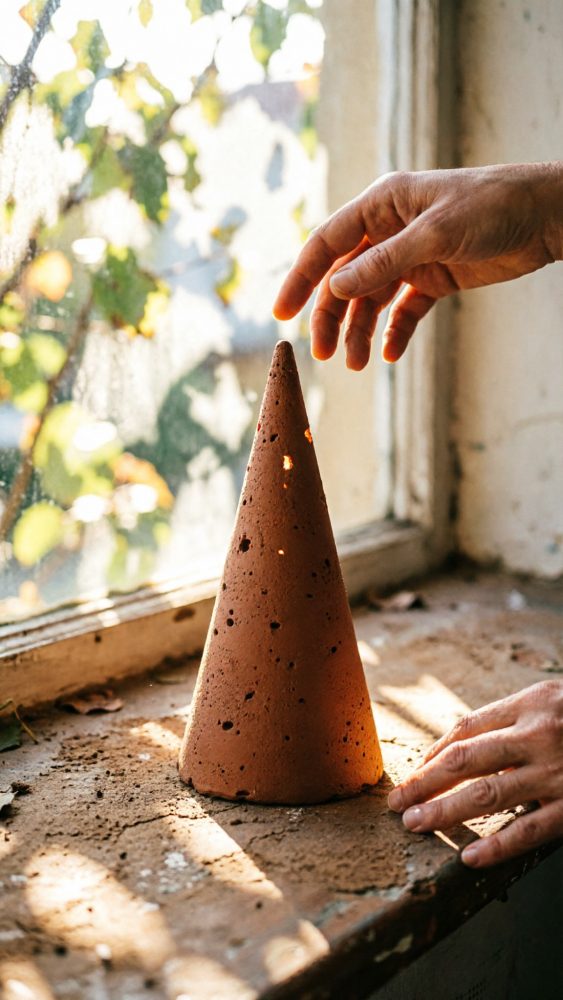 Cone de barro oco com orifícios em peitoril junto a uma janela, com mãos perto do objeto