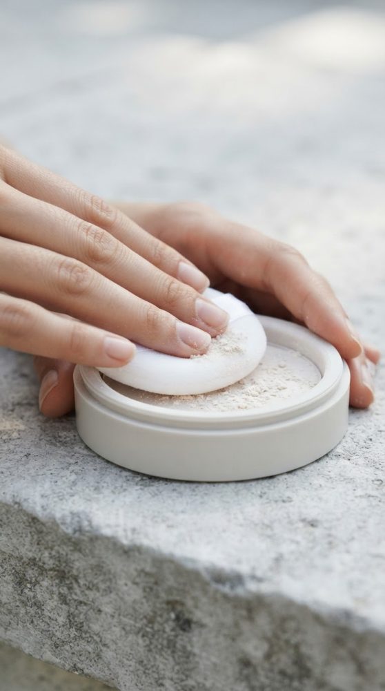 Mãos femininas com esponja branca pressionando pó compacto numa embalagem redonda sobre pedra cinzenta