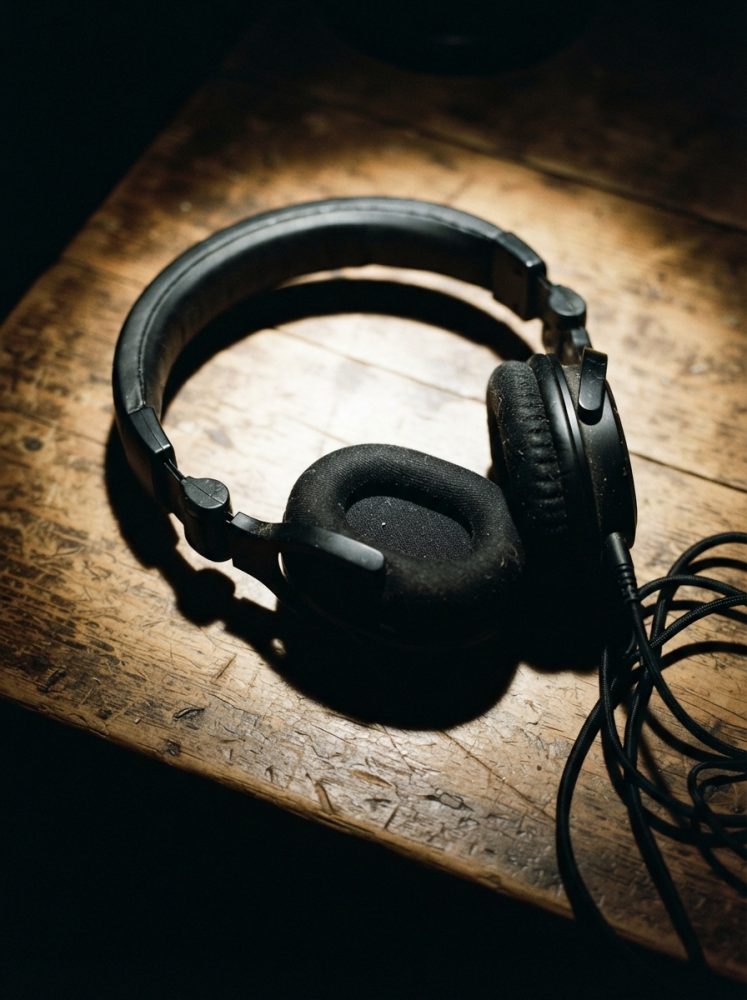 Auriculares pretos acolchoados sobre mesa de madeira antiga com luz focal