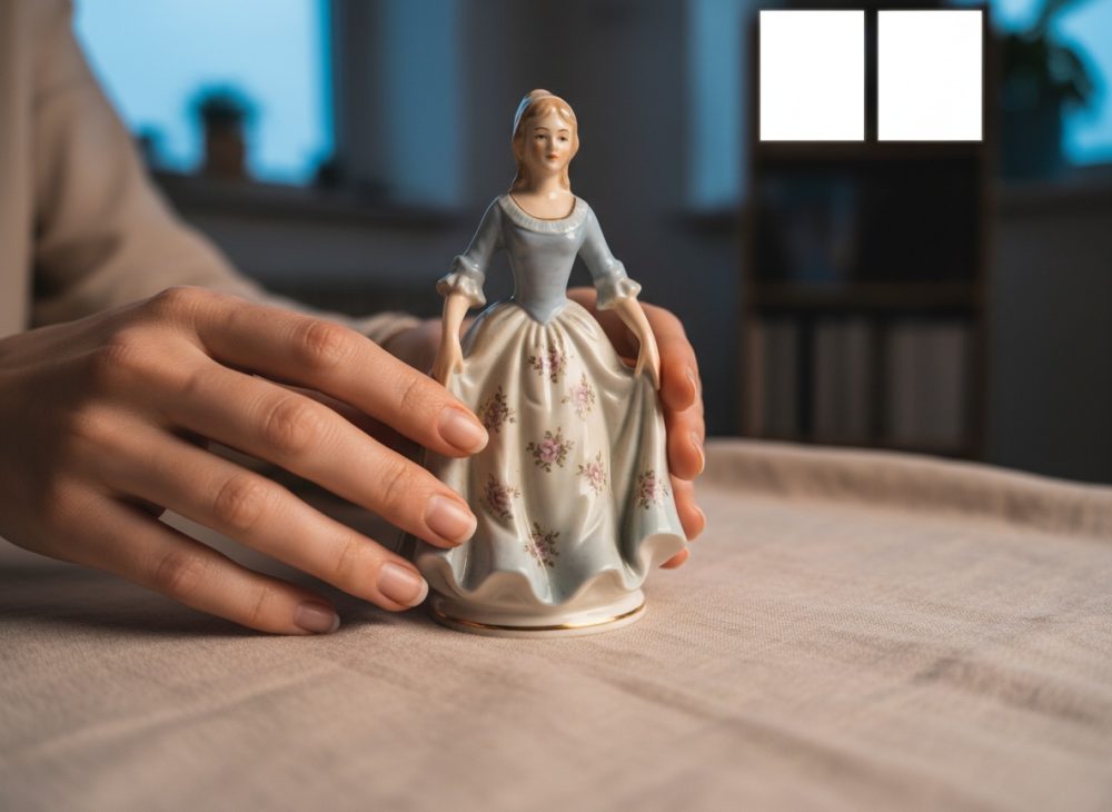 Estatueta de porcelana de mulher com vestido azul e saia floral sobre tecido claro segurada por mãos humanas
