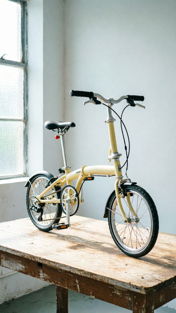 Bicicleta dobrável amarela apoiada numa mesa de madeira junto a uma janela com luz natural