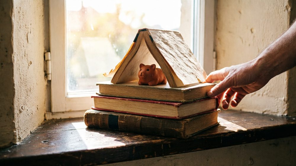 Livros antigos empilhados junto à janela com figurinha de animal em cerâmica e mão humana a tocar