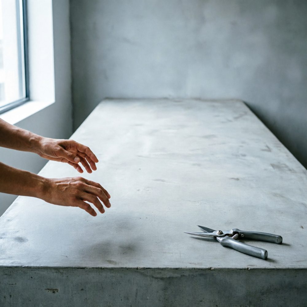 Mãos a alcançar tesoura de poda metálica sobre mesa cinzenta perto de janela