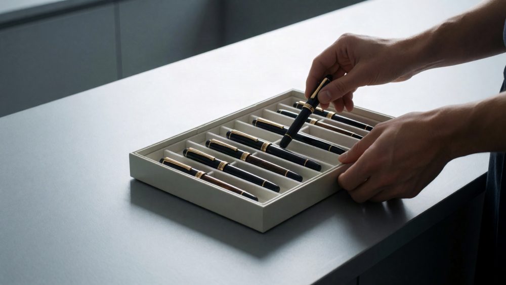 Caixa branca com canetas pretas e douradas para coleção e mãos manuseando caneta