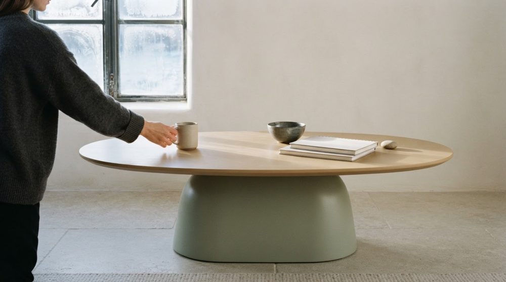 Mesa de centro oval com base verde e tampo de madeira em ambiente luminoso e minimalista