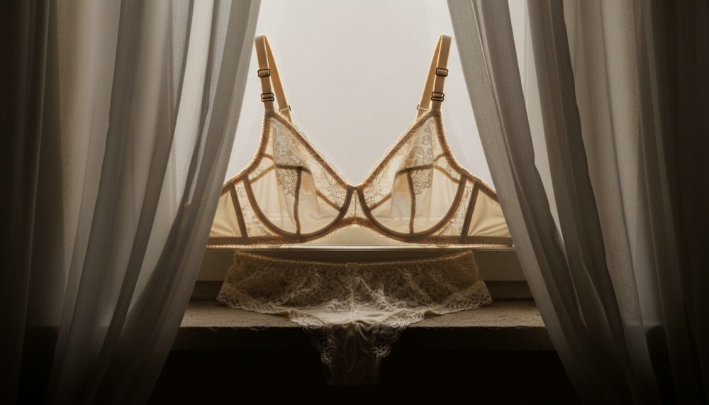 Conjunto creme de soutien e cueca em renda delicada sobre parapeito de janela com luz suave