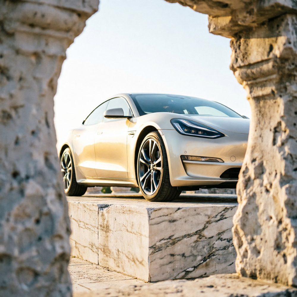 Carro elétrico branco numa plataforma de mármore visto através de uma abertura em pedra antiga