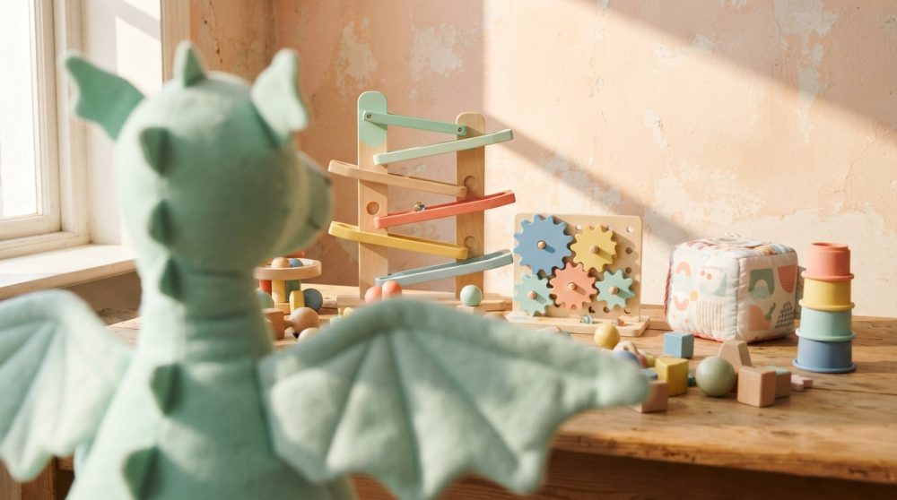Peluche dragão verde em primeiro plano com brinquedos educativos coloridos em madeira ao fundo na mesa