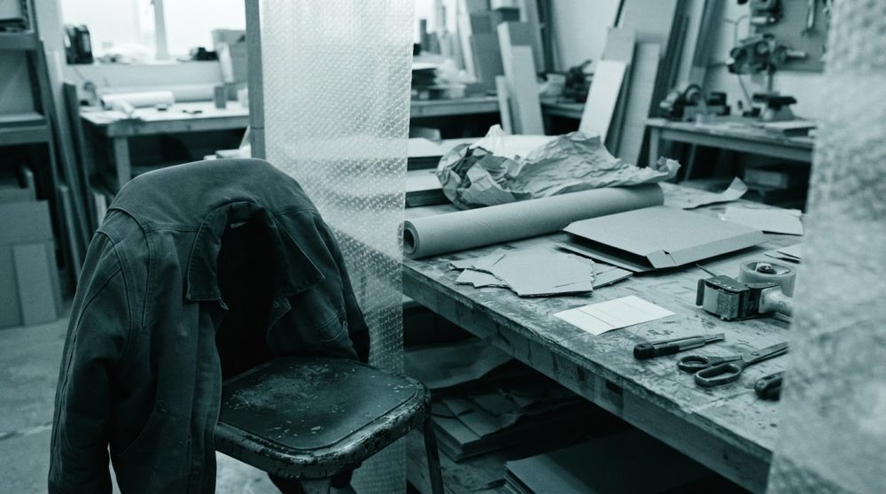 Mesa de trabalho com materiais para embalagem e cadeira com casaco num espaço de oficina