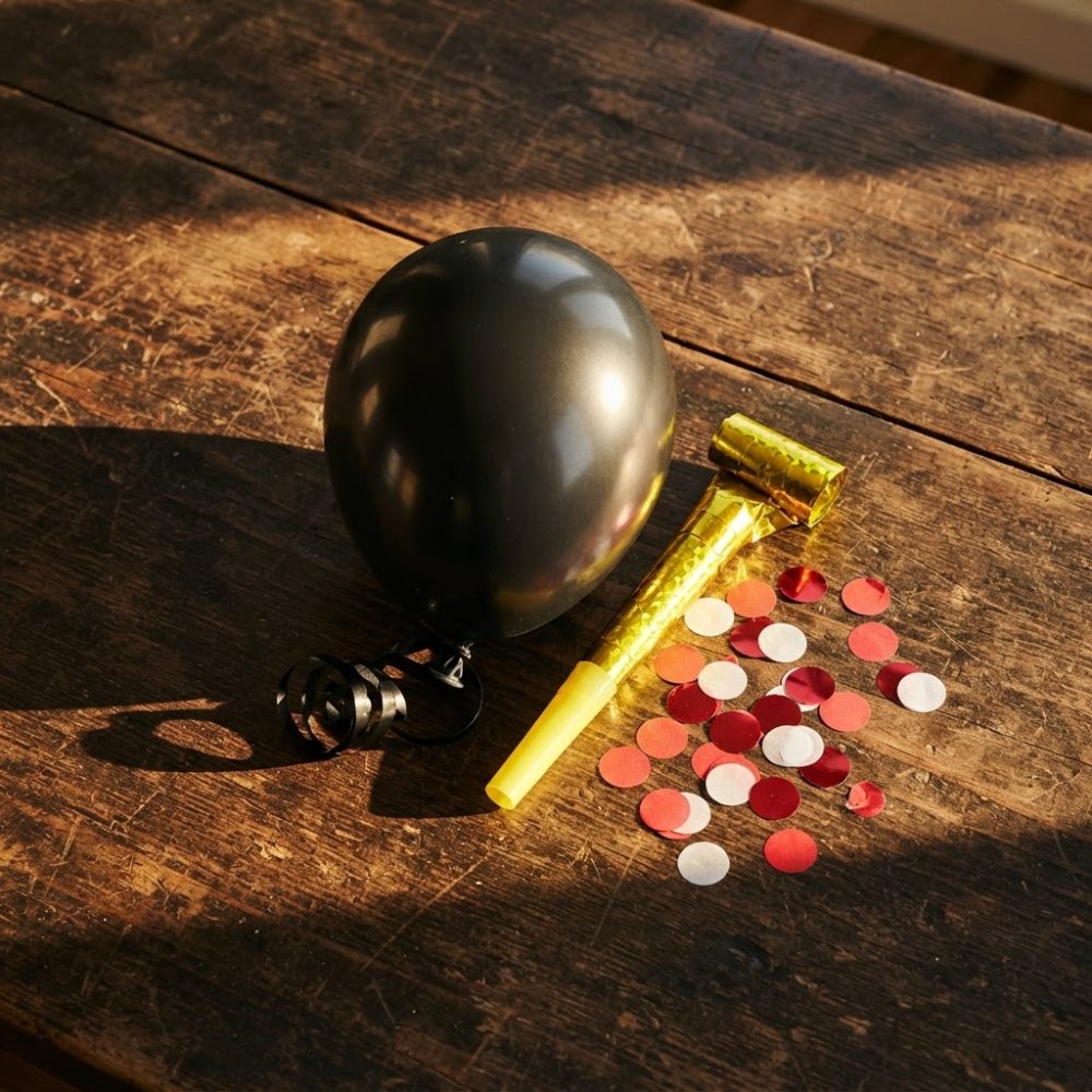 Balão preto, apito dourado e confetis coloridos sobre mesa de madeira rústica