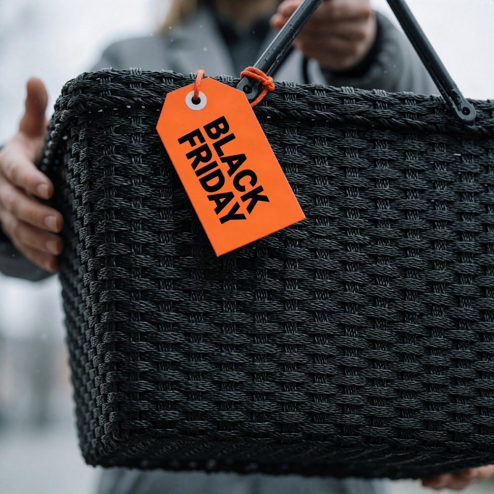 Cesto de compra preto com etiqueta laranja Black Friday em mãos de pessoa com casaco cinzento
