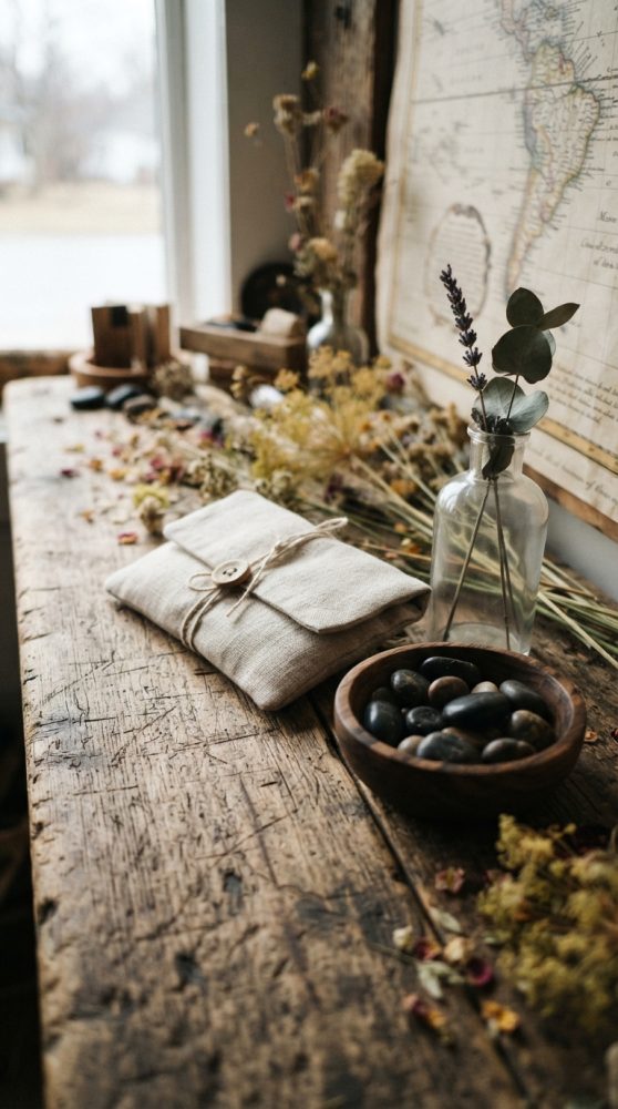 Mesa rústica com flores secas, frasco de vidro, tigela de pedras e mapa antigo na parede