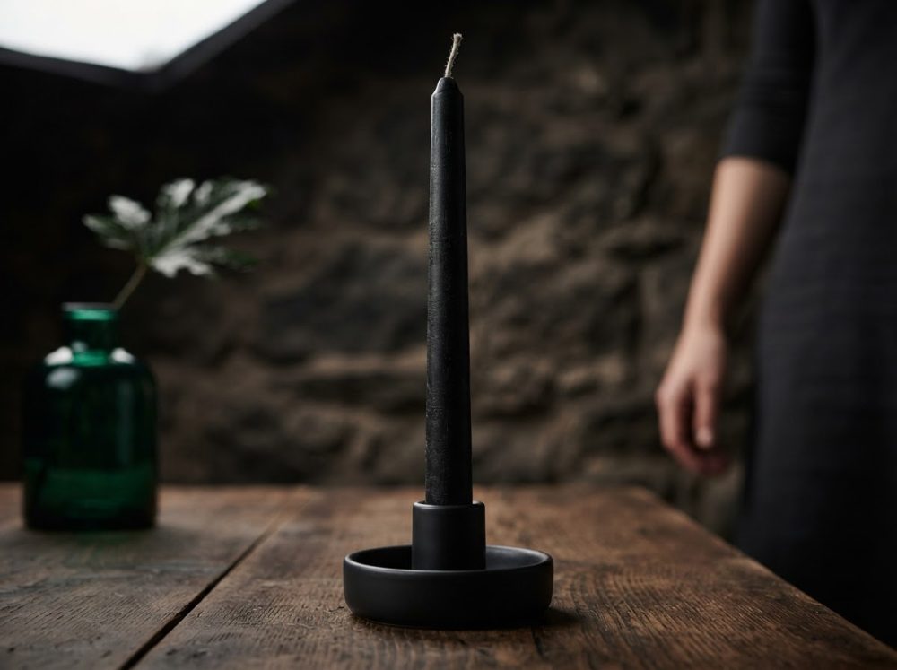 Vela preta longa em suporte cerâmico negro sobre mesa de madeira rústica com fundo desfocado
