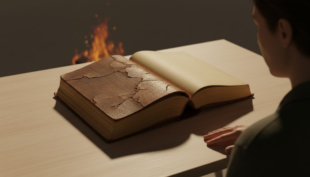 Pessoa observa livro antigo aberto com capa rachada numa mesa clara com fogo ao fundo