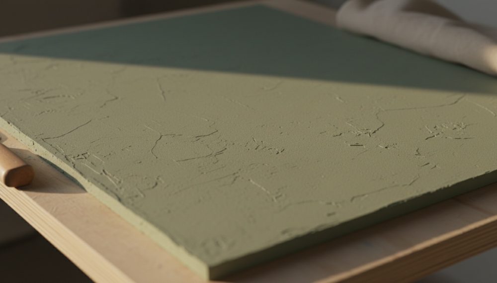 Painel verde com textura irregular sobre base de madeira clara com iluminação suave