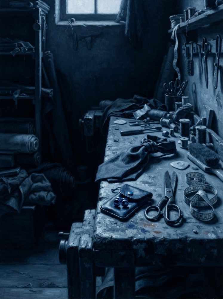 Mesa antiga de ateliê com tesouras, linha, botões e tecidos à luz suave de janela pequena