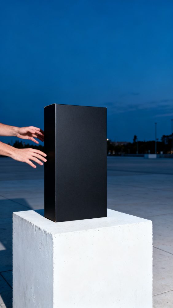 Caixa preta rectangular em pedestal branco com mãos a ajustá-la ao entardecer exterior
