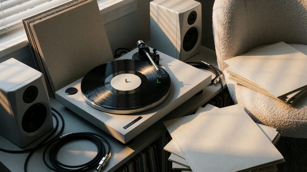 Toca-discos branco com disco de vinil a tocar, colunas e pilha de discos em ambiente iluminado