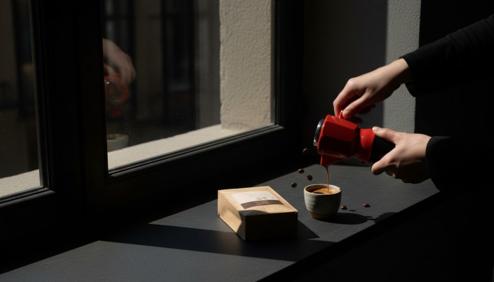 Mãos servindo café expresso de cafeteira vermelha para chávena com grãos e saco de café na mesa