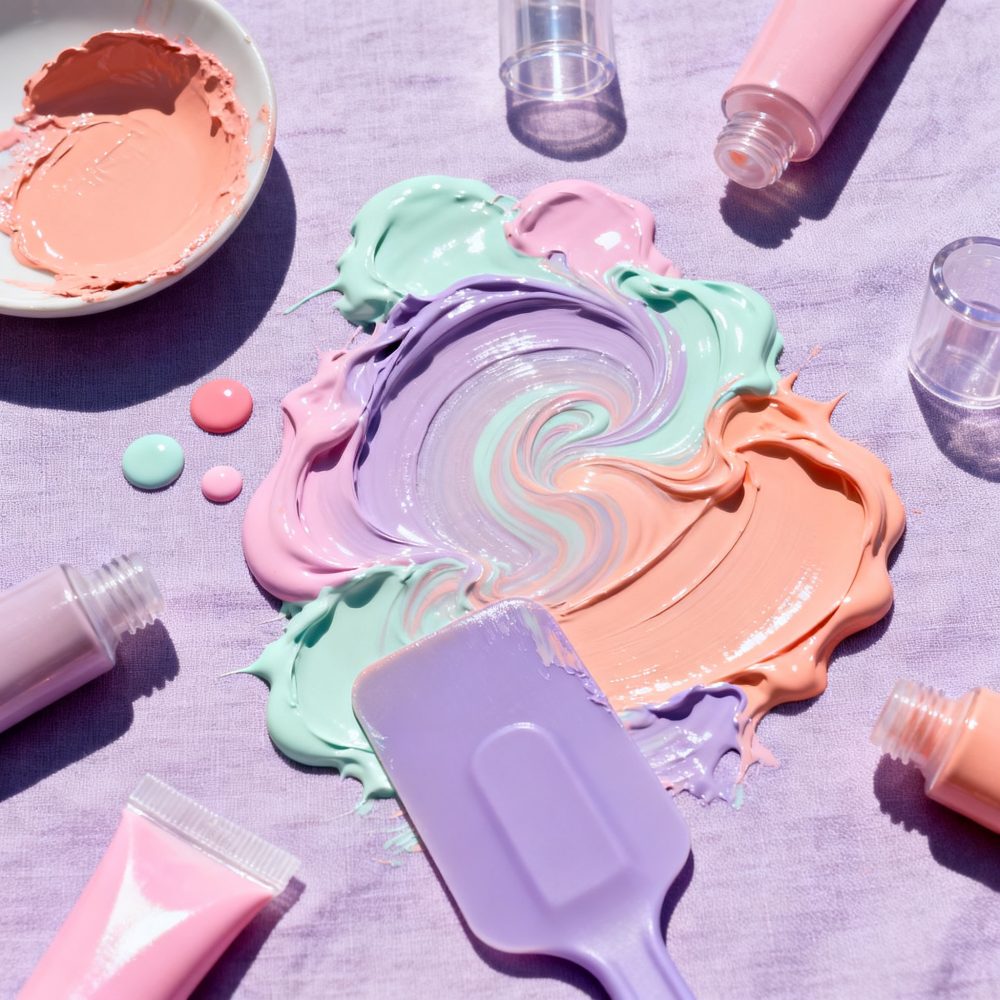 Cremes coloridos em tons pastel misturados sobre tecido lilás com tubos e espátula