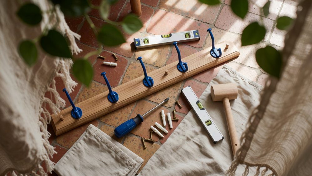 Conjunto de cabideira com ganchos azuis e ferramentas para montagem sobre pavimento de cerâmica