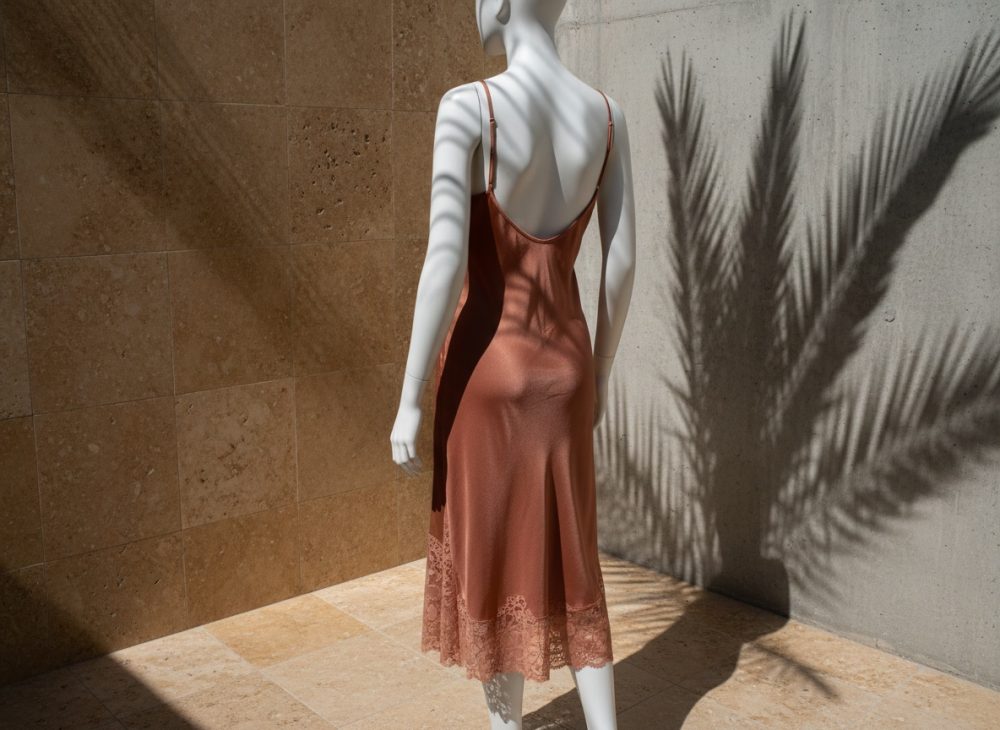 Manequim branco com vestido lingerie midi terra com renda, sob luz natural com sombras de folhas