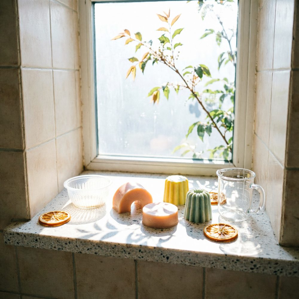 Sabonetes artesanais variados com fatias de laranja seca numa janela iluminada pela luz do sol