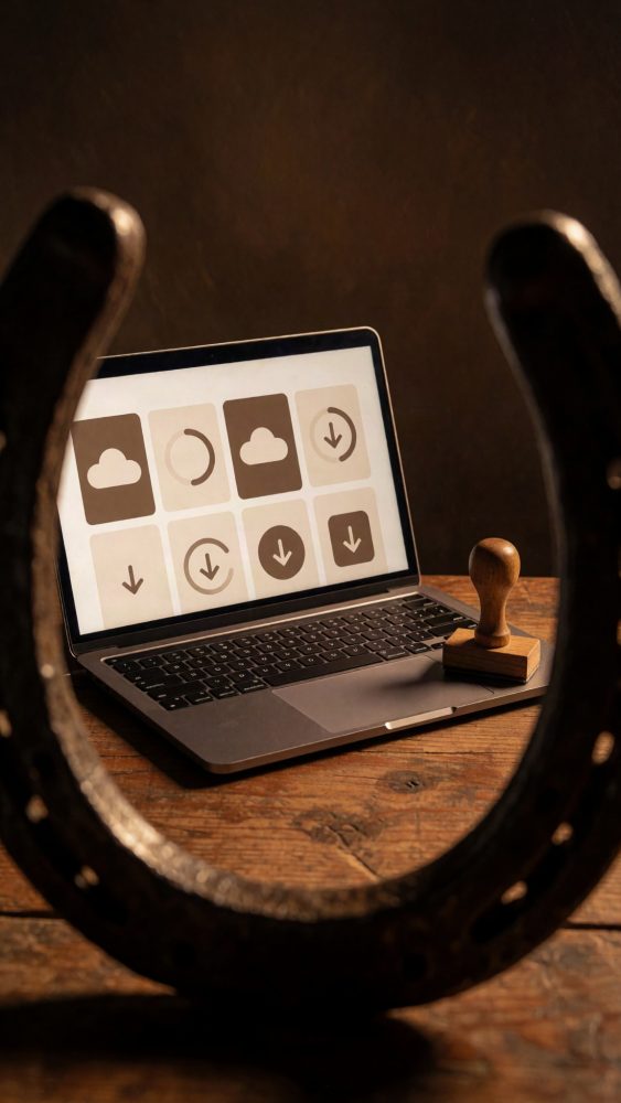Portátil com ícones de download e ferradura em mesa de madeira rústica