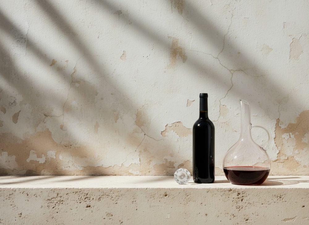 Garrafa de vinho e decanter com vinho sobre bancada rústica contra parede envelhecida