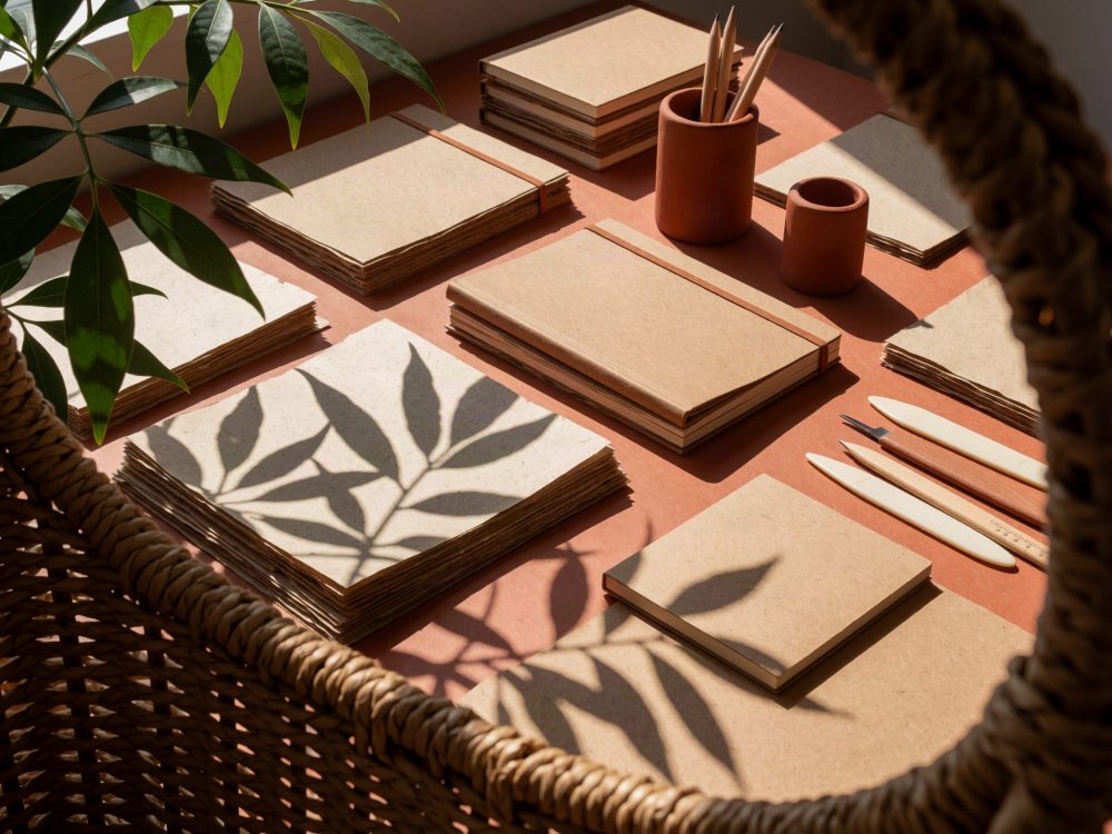 Cadernos artesanais e lápis em recipientes de terracota com sombra de folhas