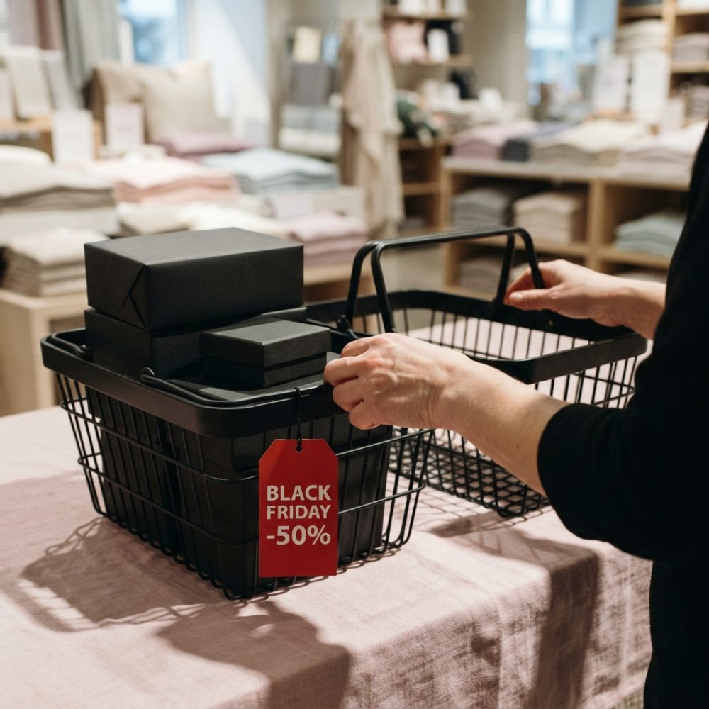 Mãos seguram cesto de compras preto com caixas e etiqueta vermelha de Black Friday -50%