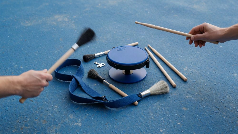 Mãos a tocar prato de prática azul com baquetas e escovas numa superfície azul