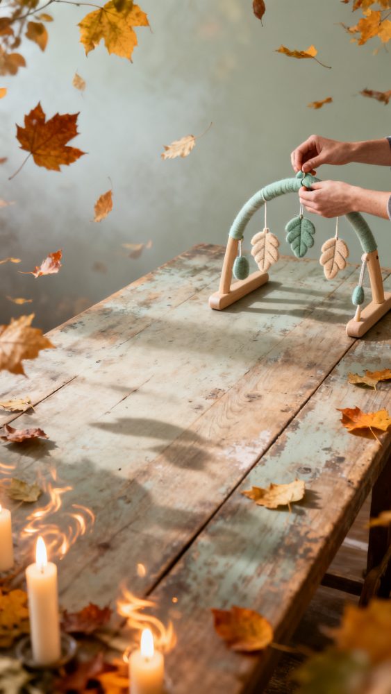 Arco de atividades para bebé com folhas penduradas sobre mesa rústica com folhagem e velas acesas
