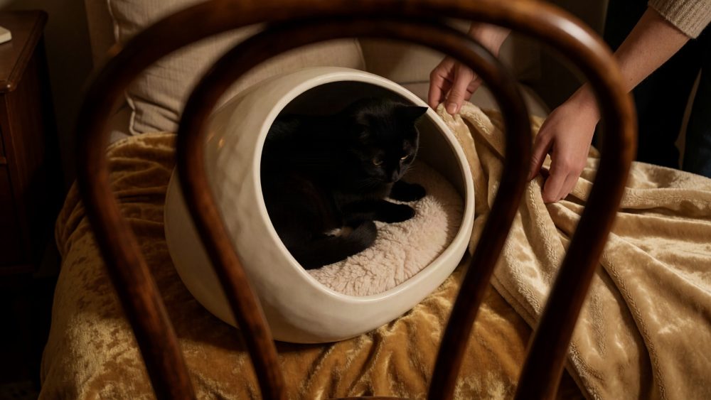 Gato preto deitado numa cama redonda com almofada, mãos ajeitam manta bege ao lado.
