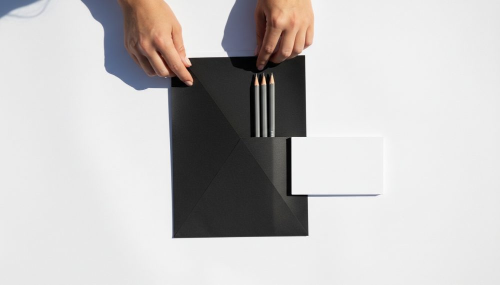 Envelope preto aberto com três lápis cinza e bloco branco sobre fundo branco
