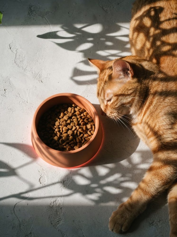 Gato laranja deitado perto de tigela com comida seca para gatos sob luz natural com sombras de plantas