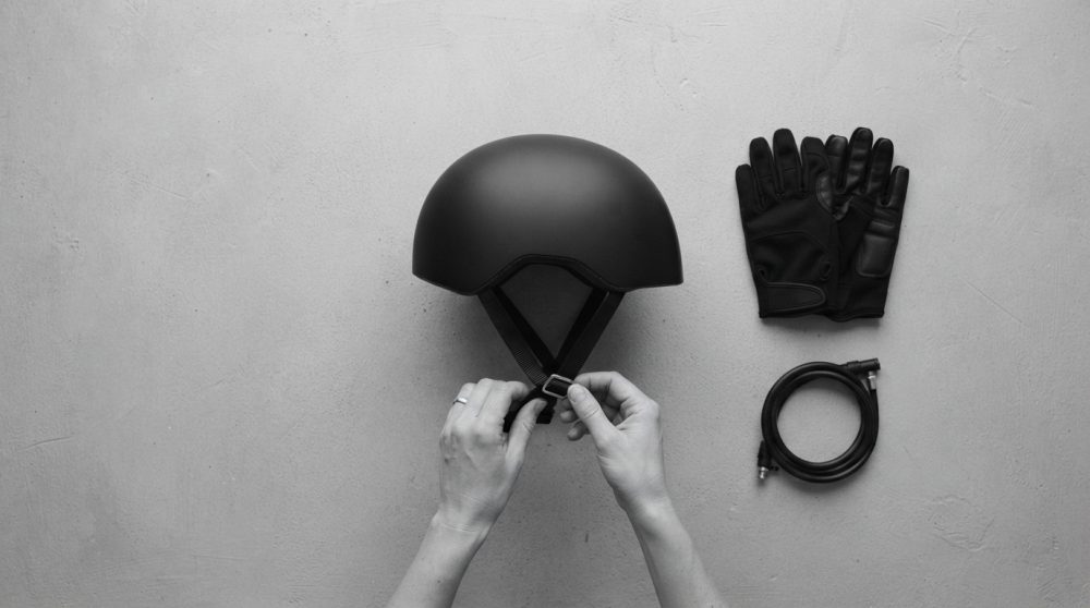 Mãos a apertar a cinta de capacete preto com luvas e cadeado ao lado numa superfície cinza