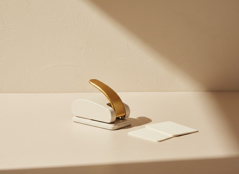 Perfurador de papel branco com alavanca dourada e dois pedaços de papel sobre superfície clara