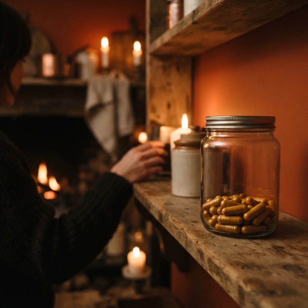 Frasco de cápsulas amarelas numa prateleira de madeira com velas acesas num ambiente quente