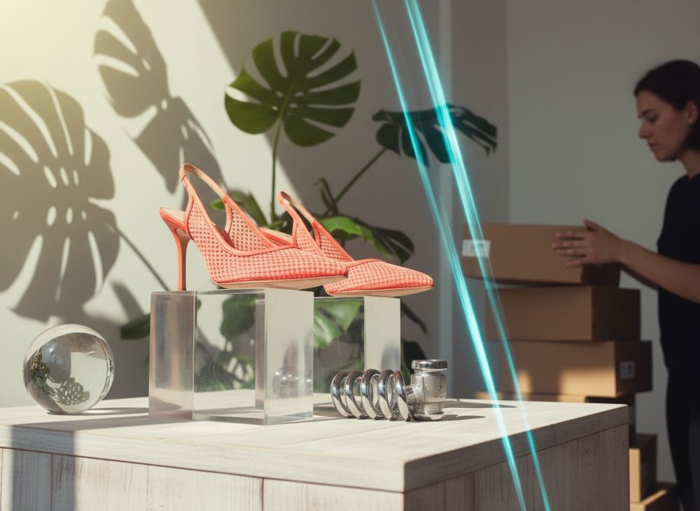Sapatos de salto alto cor de coral em bases acrílicas transparentes com planta e caixas ao fundo