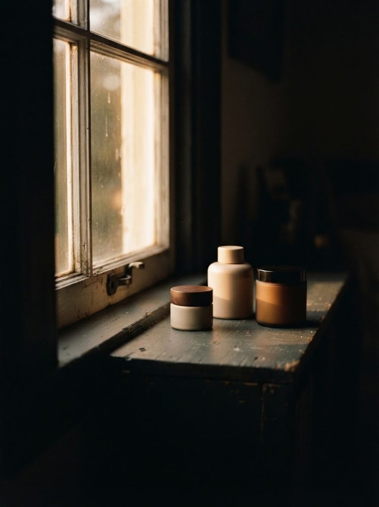 Três frascos de cosméticos sobre uma mesa junto à janela com luz natural suave