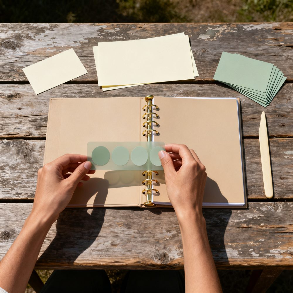 Mãos segurando autocolantes verdes sobre caderno aberto com papéis variados em mesa de madeira rústica