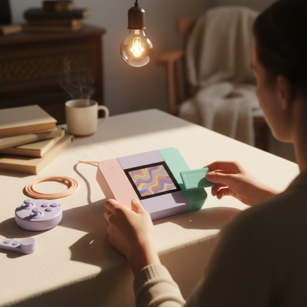 Pessoa a jogar numa consola portátil colorida com controlador removível em ambiente acolhedor